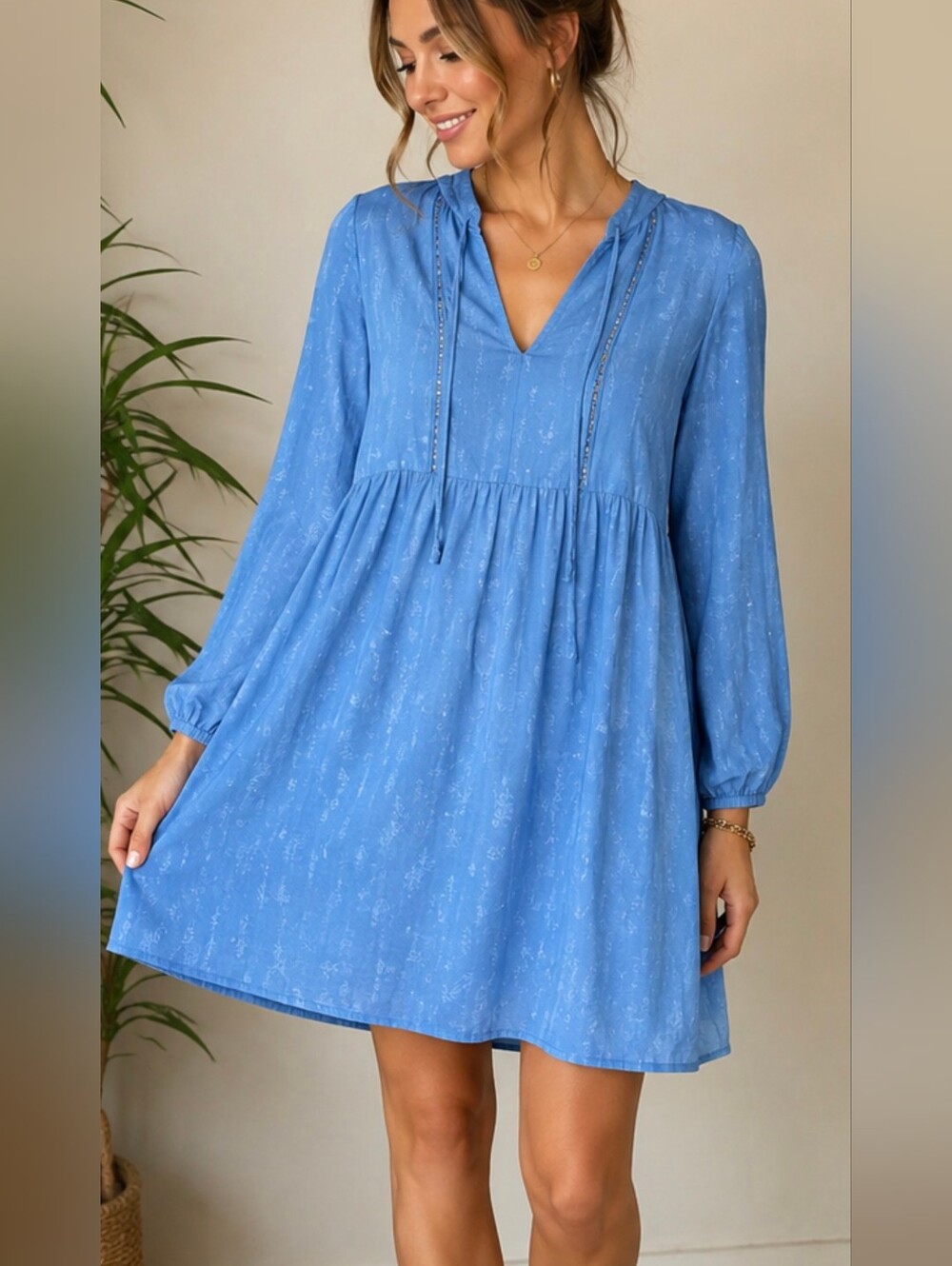 Mata Traders Blue Floral Boho Babydoll Dress 100% Modal Long Sleeve- Oversized